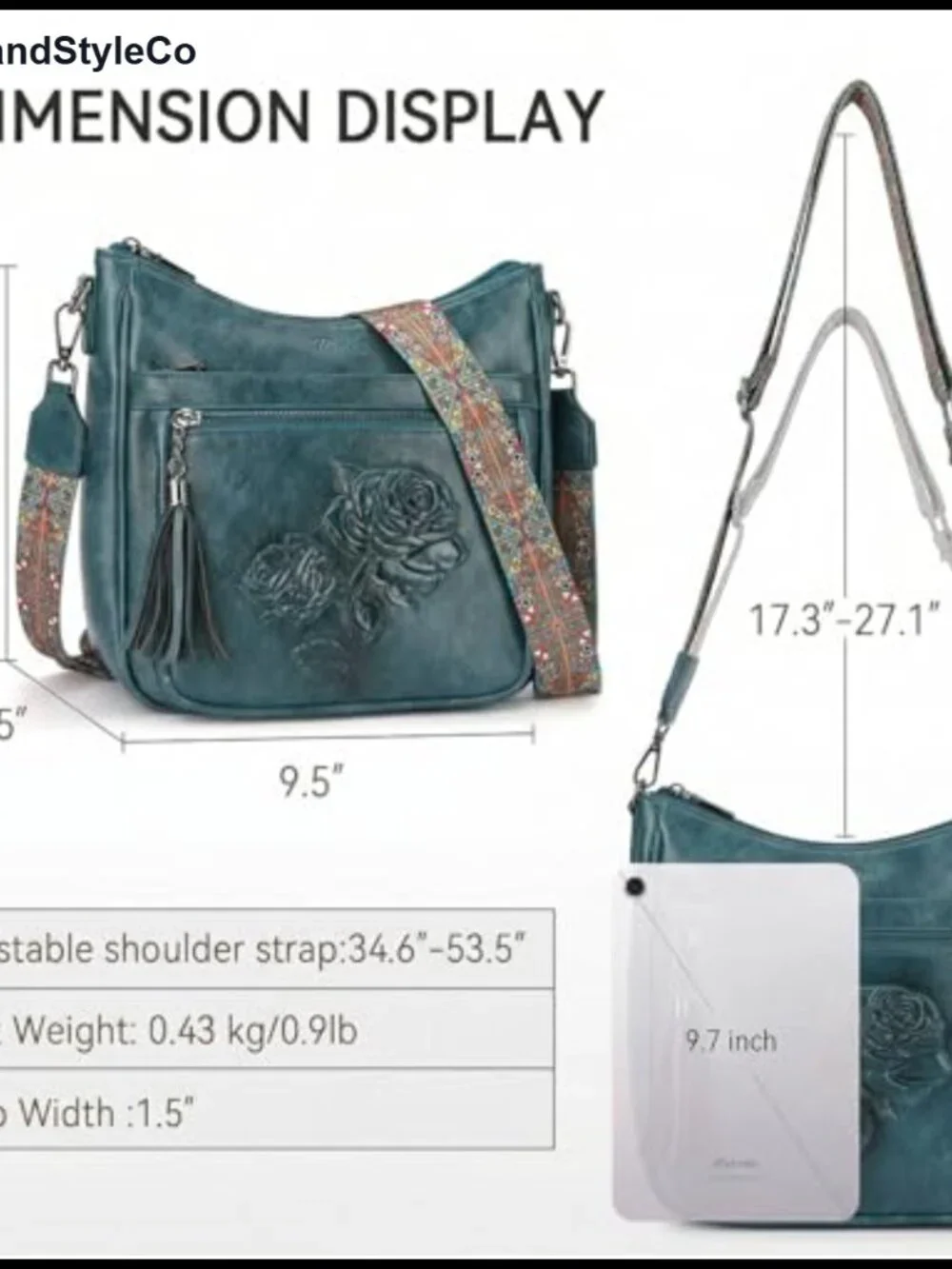 Vegan Leather Hobo Crossbody Bag with Floral Embossed Pattern, Adjustable